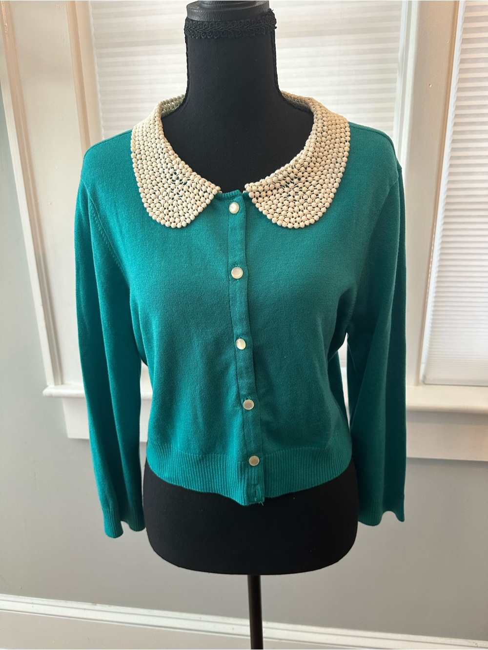ModCloth Teal Button-Up Sweater with Cream Beaded Collar